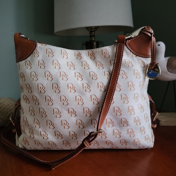 Dooney & Bourke Frederica Crossbody Cream & Brown Monogram w/ Tan Leather - Picture 1 of 15